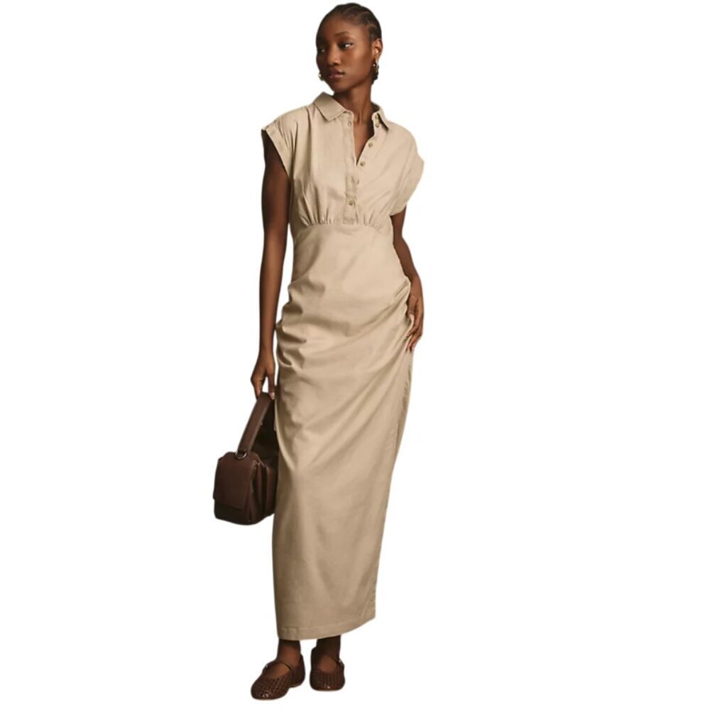 Anthropologie Cap Sleeve Ruched Shirt Dress Womens Small Khaki Tan Stretch Maxi